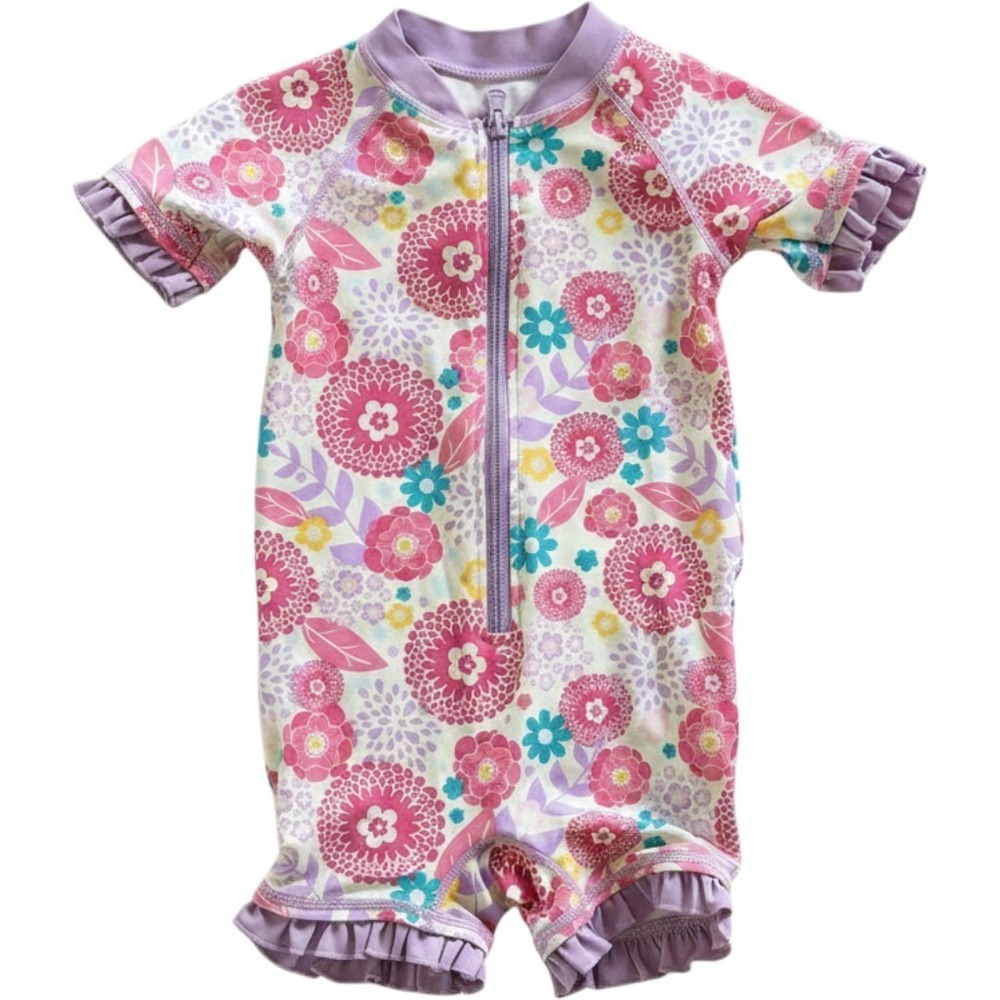 RuffleButts girls' short-sleeve one-piece rash guard swimsuit floral 2T vacation